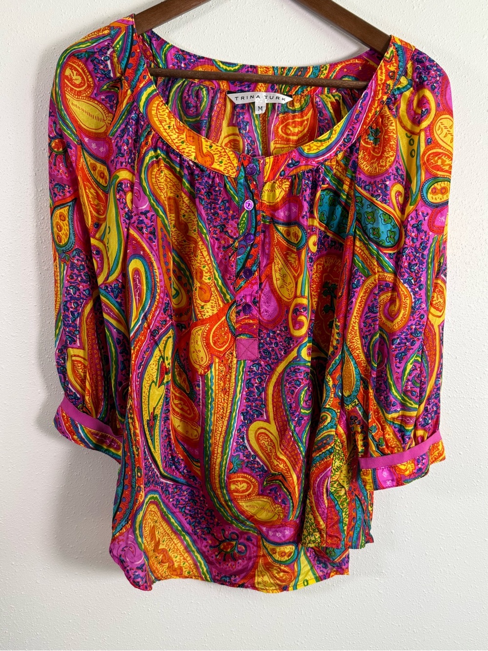 Trina Turk 100% Silk Paisley Blouse Medium Made in USA Colorful Boho